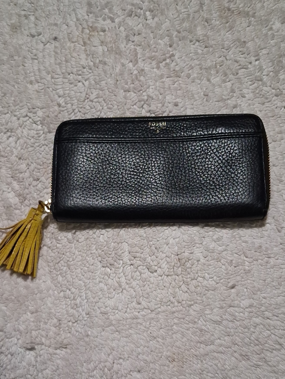 Fossil Black Pebbled Leather Zip Wallet with Yellow Tassel
